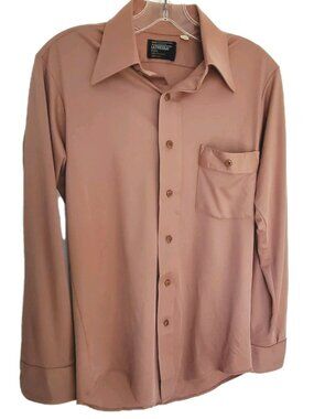 Vintage 70s Ultressa Men’s Disco Shirt Brown Salmon Point Collar Sz 15, 33